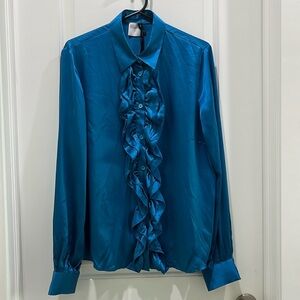 NWT Red Valentino Silk Ruffle Button Down Jewel Toned Turquoise Blouse US 12